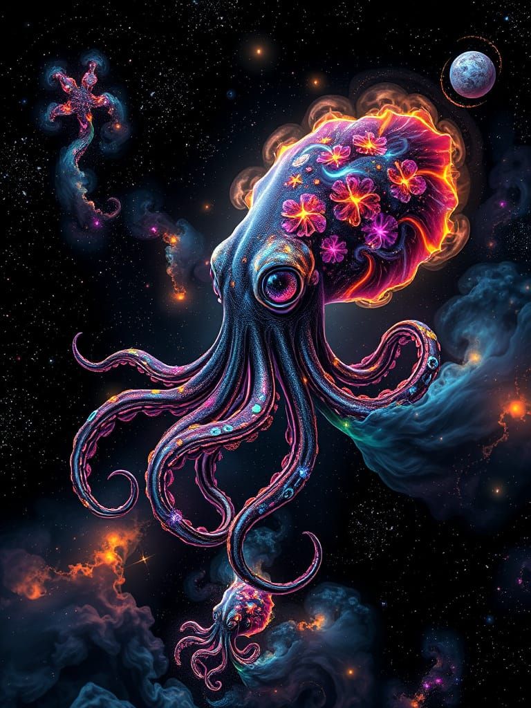 Bioluminescent Squid in Fractal Nebula Universe