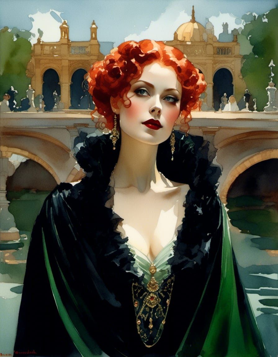 Futuristic Gothic Vampiress in Watercolor Style