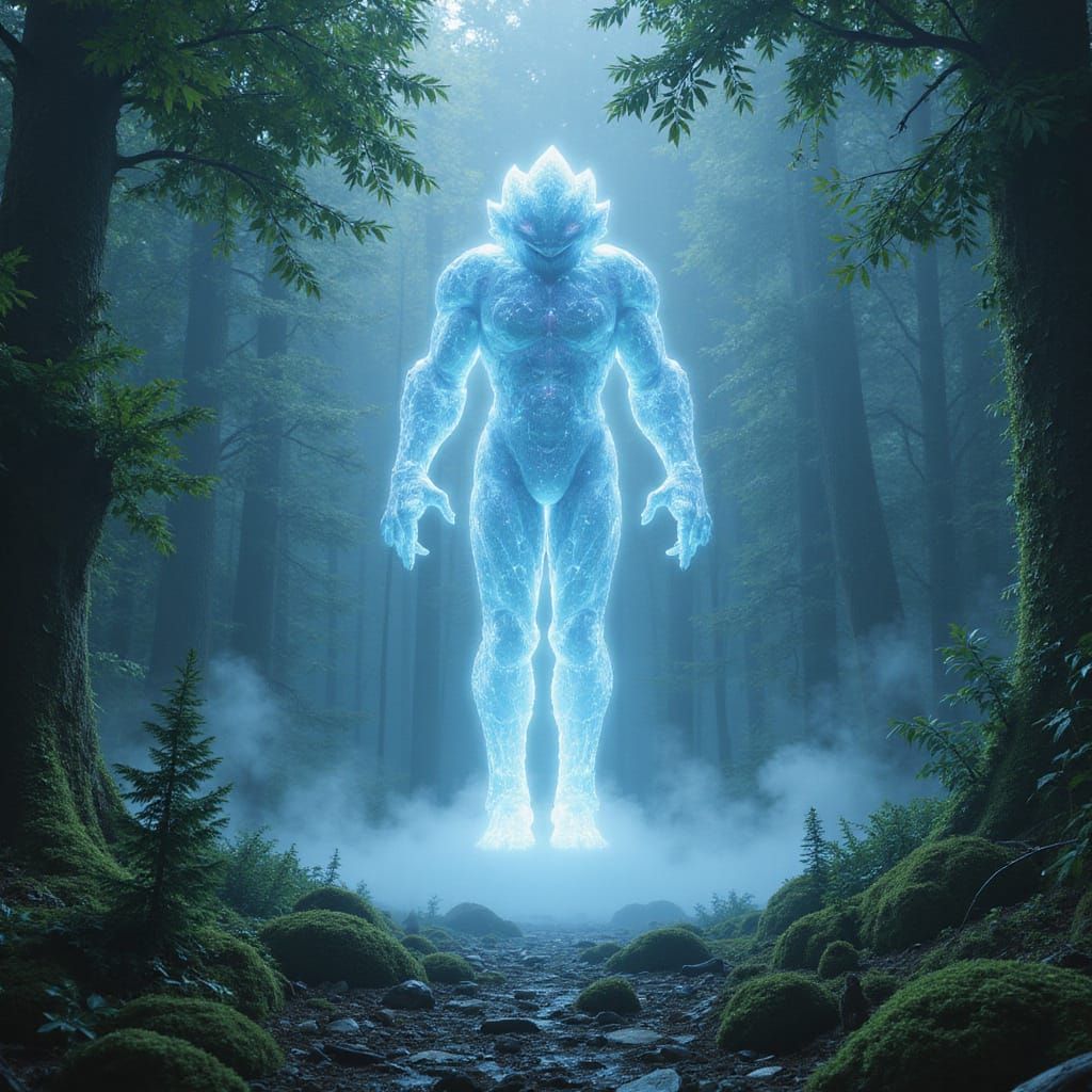 Crystal Golem in Luminous Forest, a Hyperrealistic Masterpie...