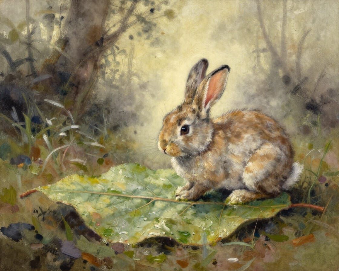 Rabbit Painter Creates Landscape on Leaf in Impasto Style