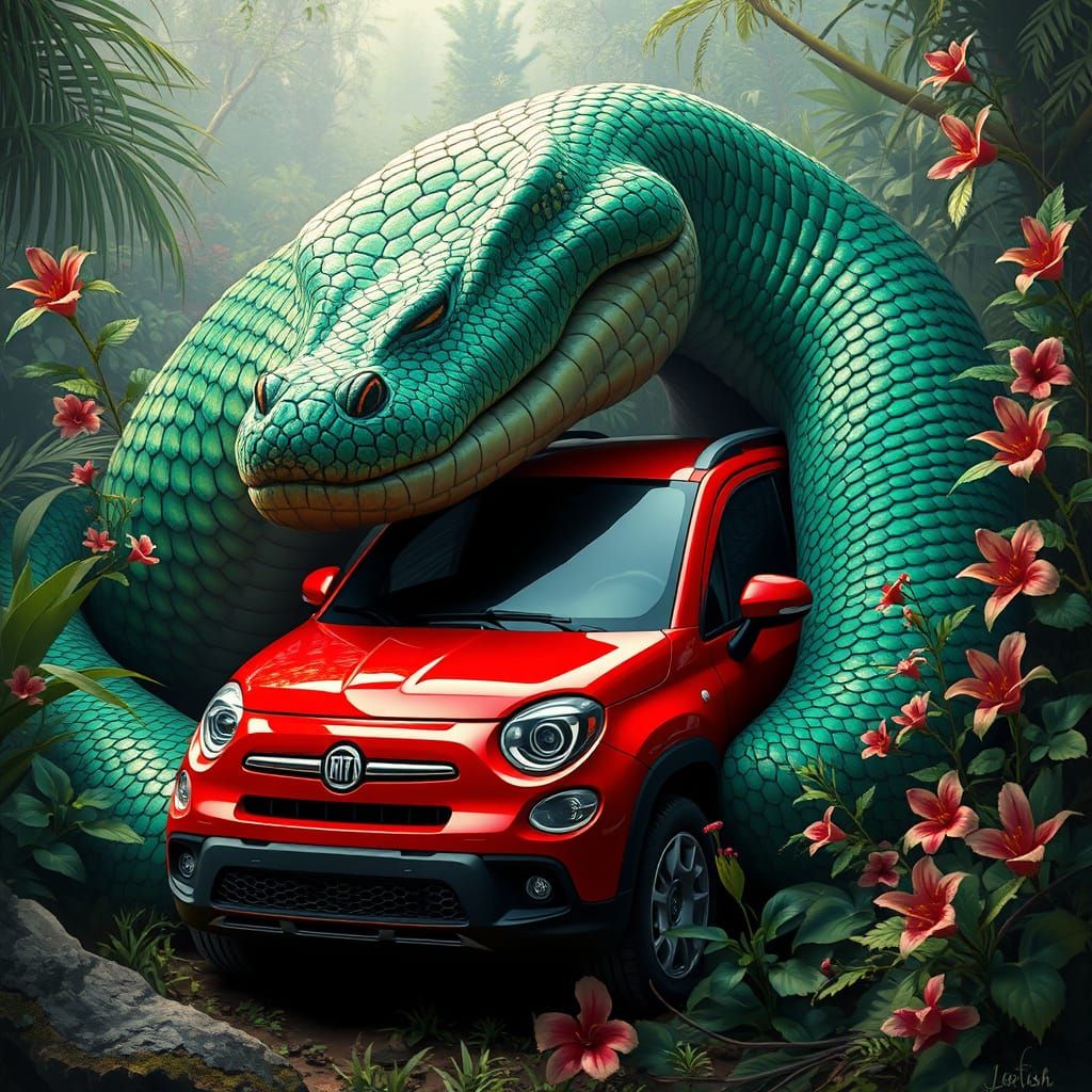 Anaconda Constricting a Car in Jungle, Digital Art