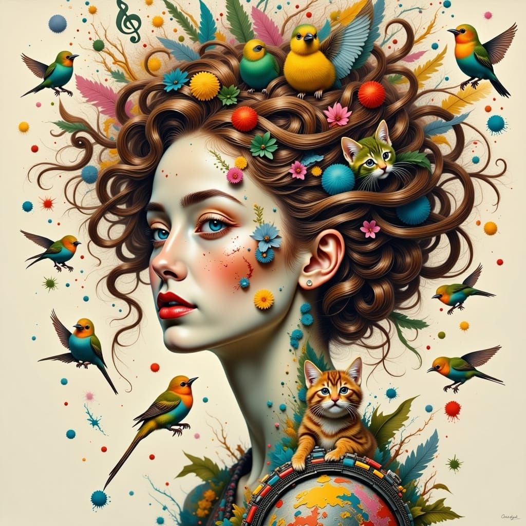 Whimsical Woman with Birds and Kitten Hairdos in Vibrant Col...