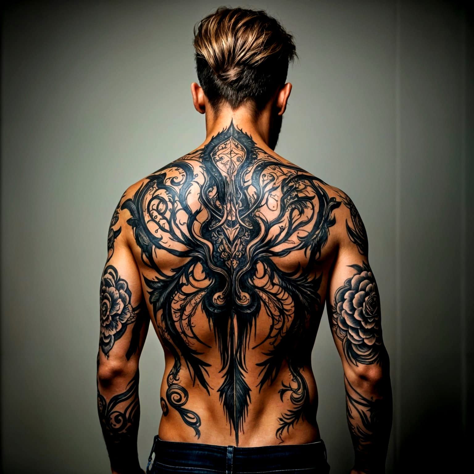 Man's Emotional Back Tattoo in Dark Vibe Style