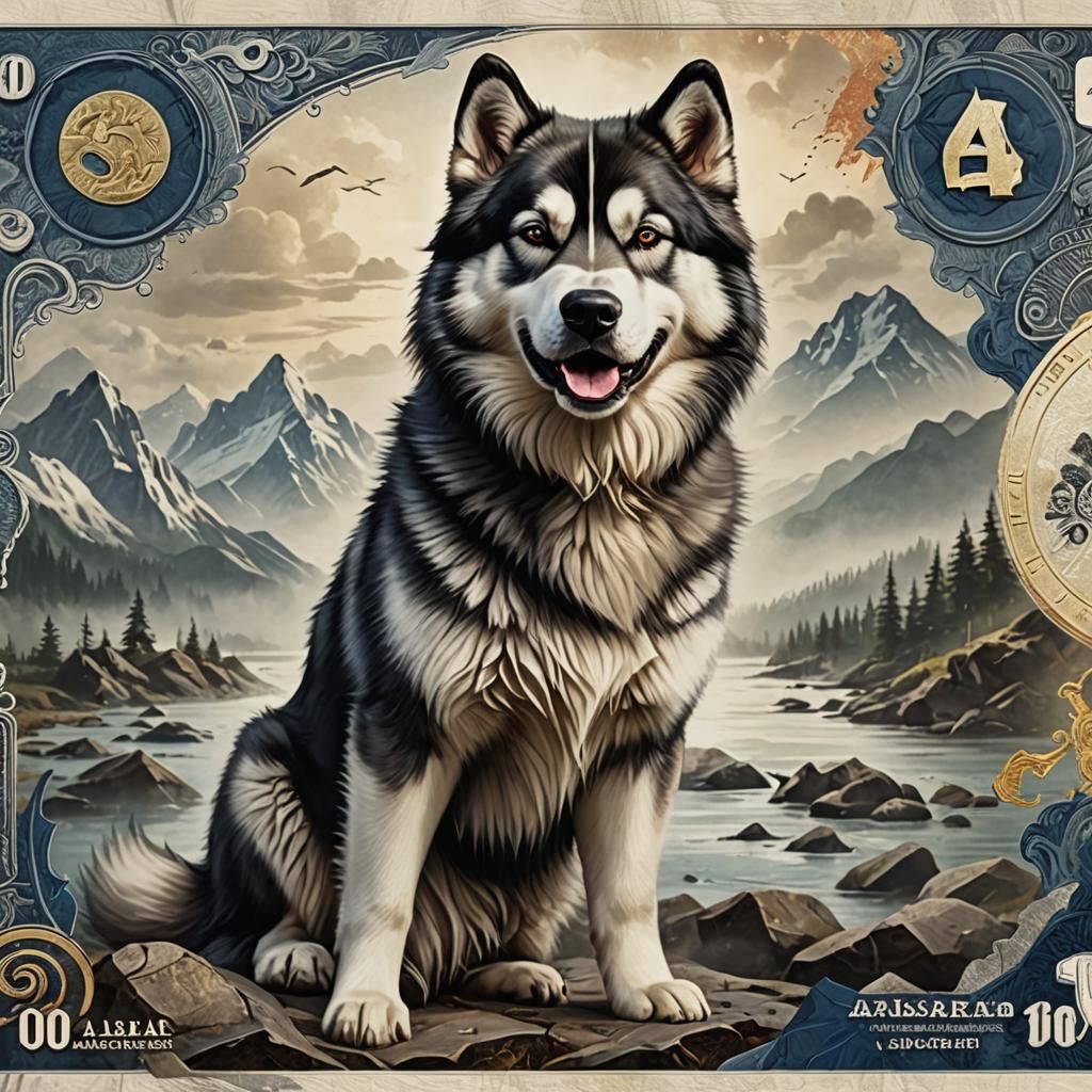 Alaskan Malamute Dog Art Banknote in Detailed Matte Painting