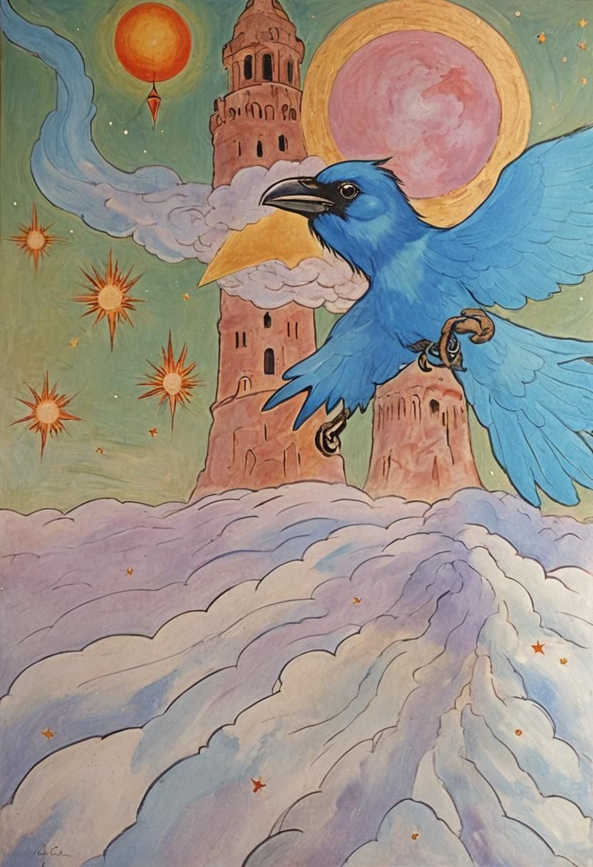 Blue Raven in Surreal Landscape as Oil Painting