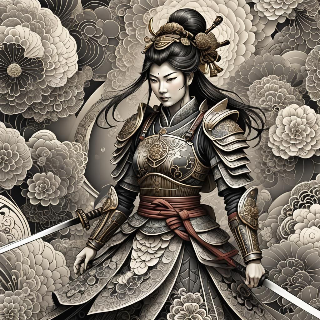 Female Samurai Warrior with Fans: Abstract Digital Art