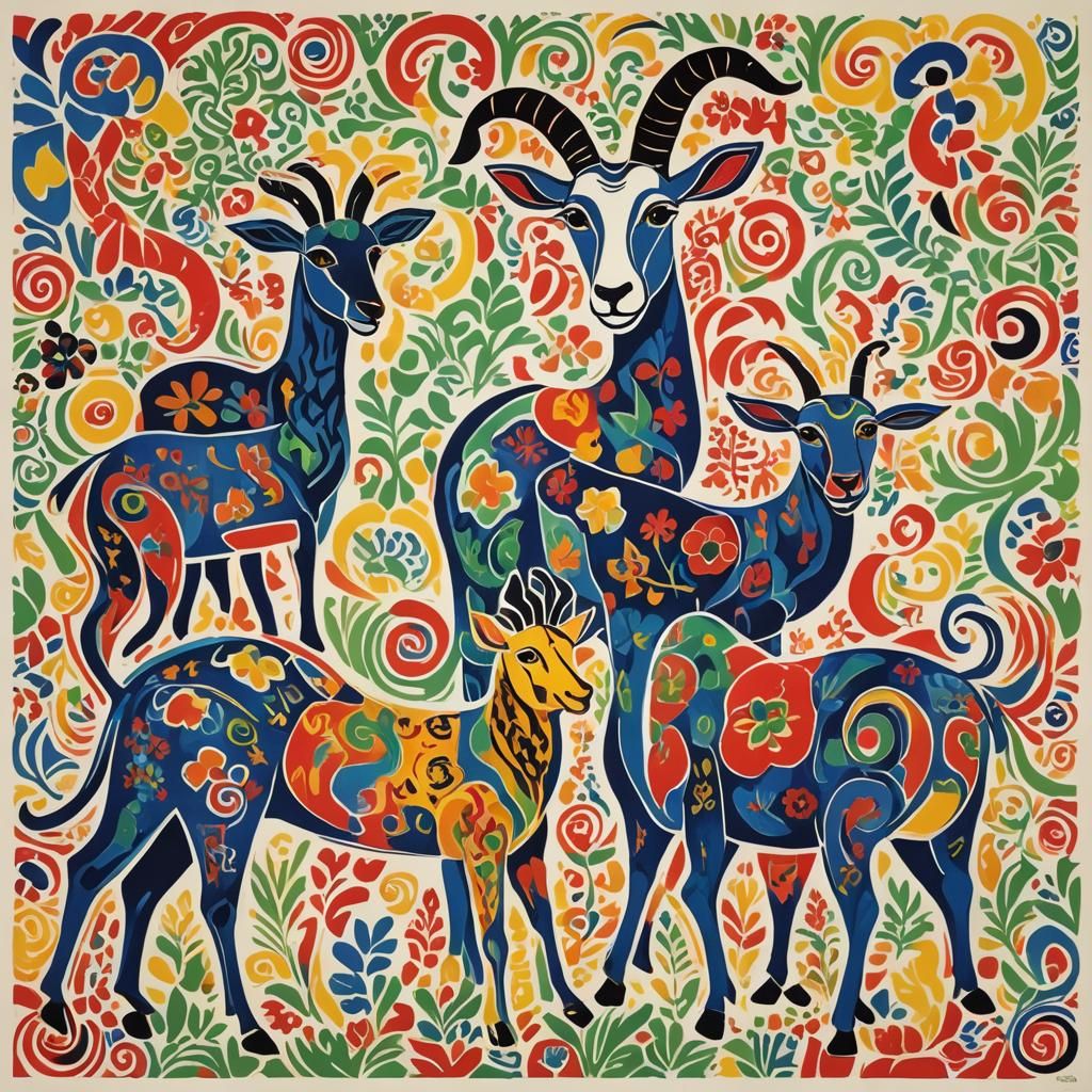 Cubist Goats Lithograph in Style of Matisse and Picasso