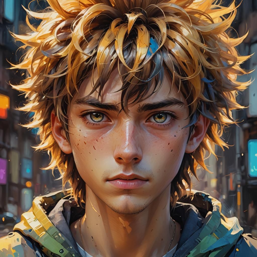 Anime Teenage Boy Portrait with Golden Glow