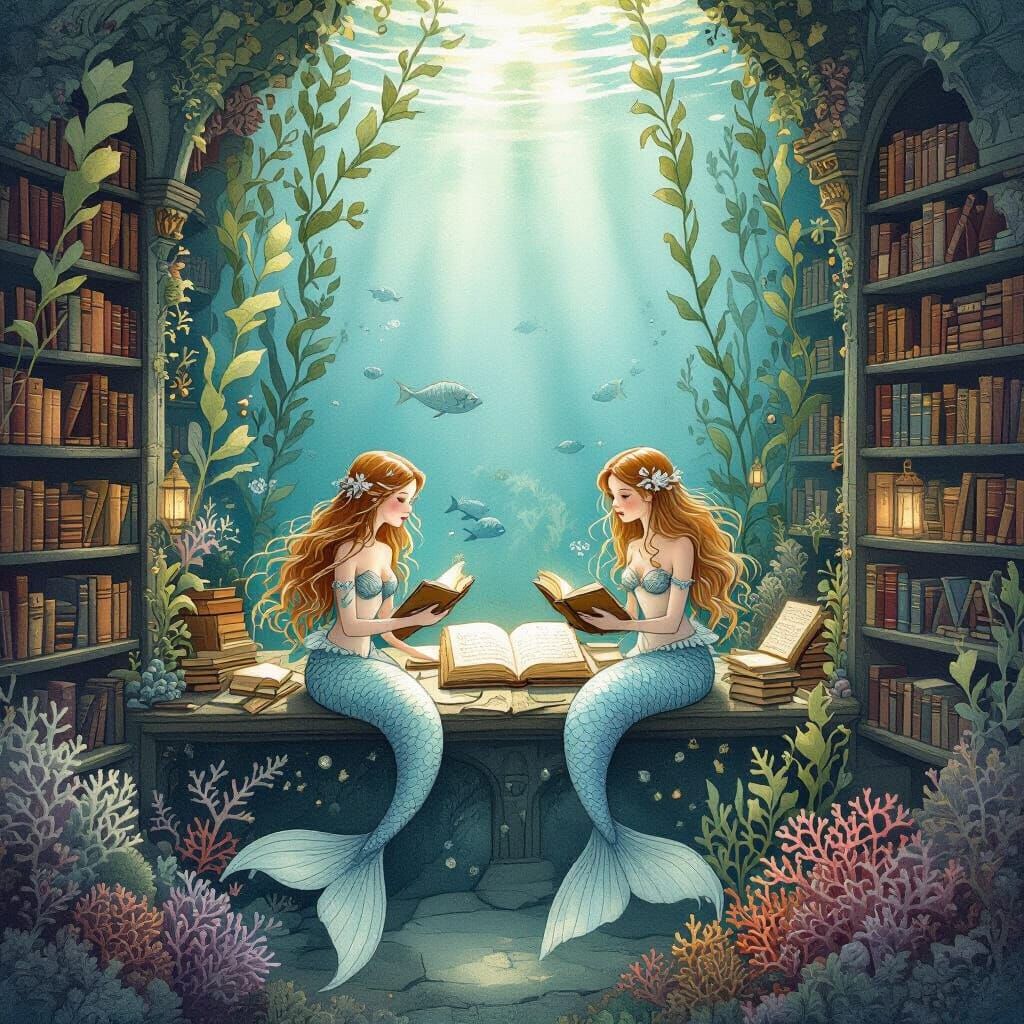 Underwater Library with Mermaids in Watercolor Style