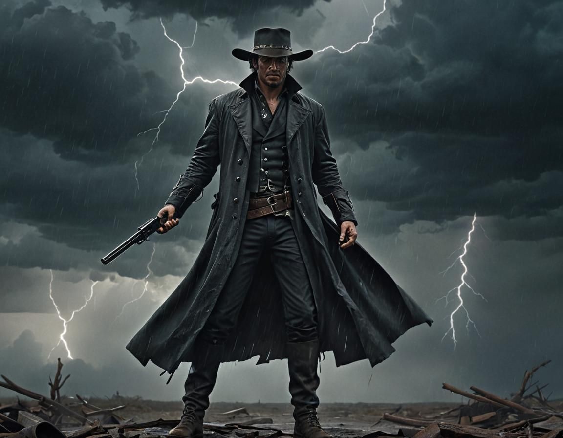 Dramatic Gunslinger in Stormy Cinematic Concept Art