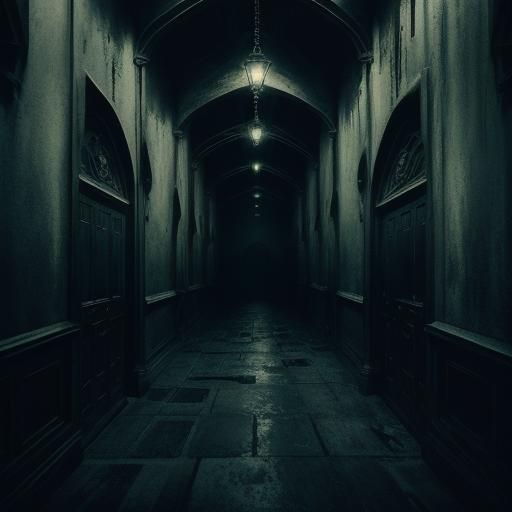 Hooded Figure in Dimly Lit Gothic Corridor
