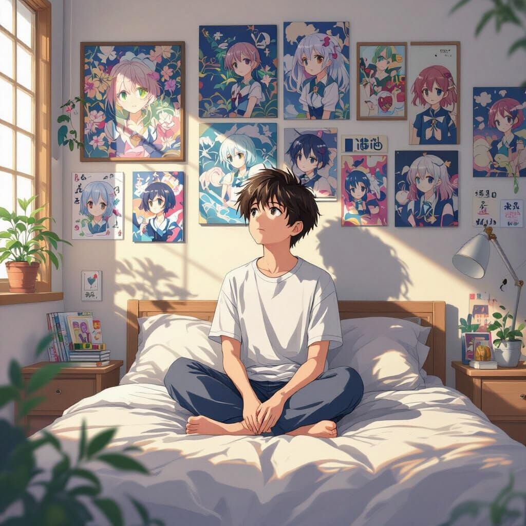 Contemplative Boy in Japanese Anime-Style Bedroom
