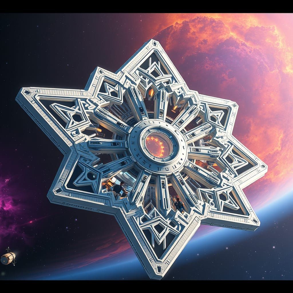 Islamic Star Space Station Orbiting Nebula: Photorealistic R...