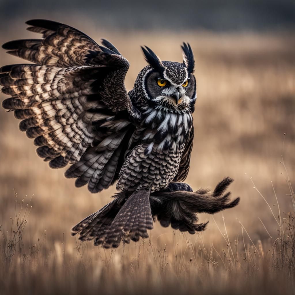 Black Great Horned Owl Hunting, Hyperrealistic Image
