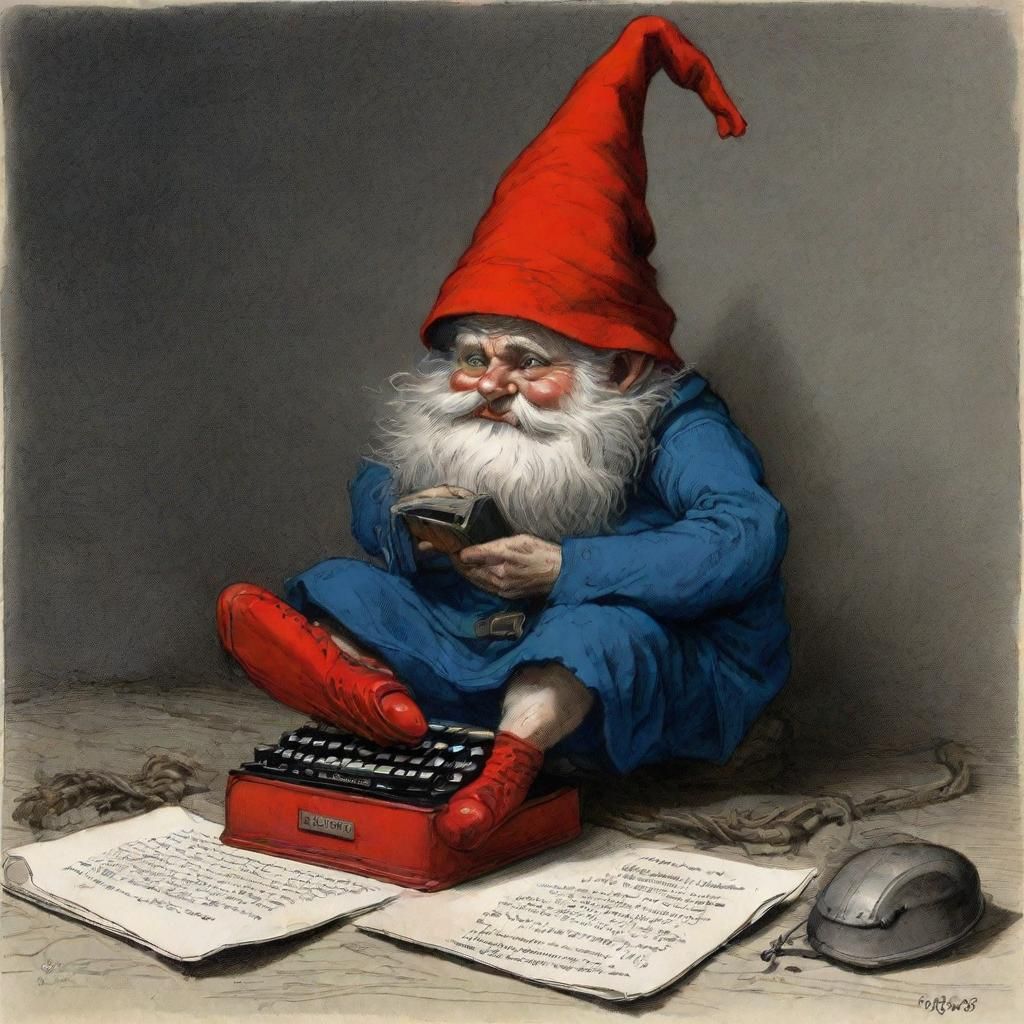 An evil little pixie gnome wearing a red cap, blue tunic and...