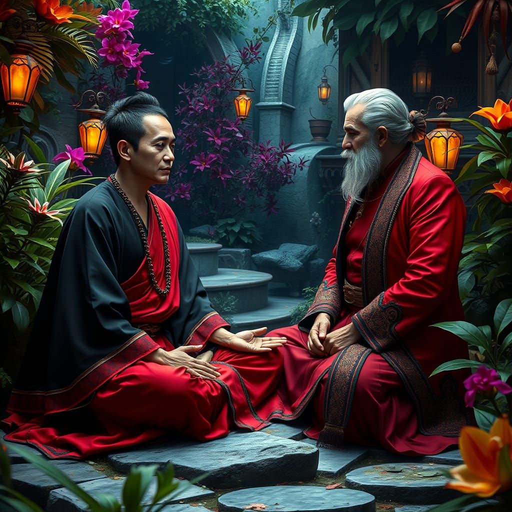 Thai Man and Italian Gentleman in Lush Garden