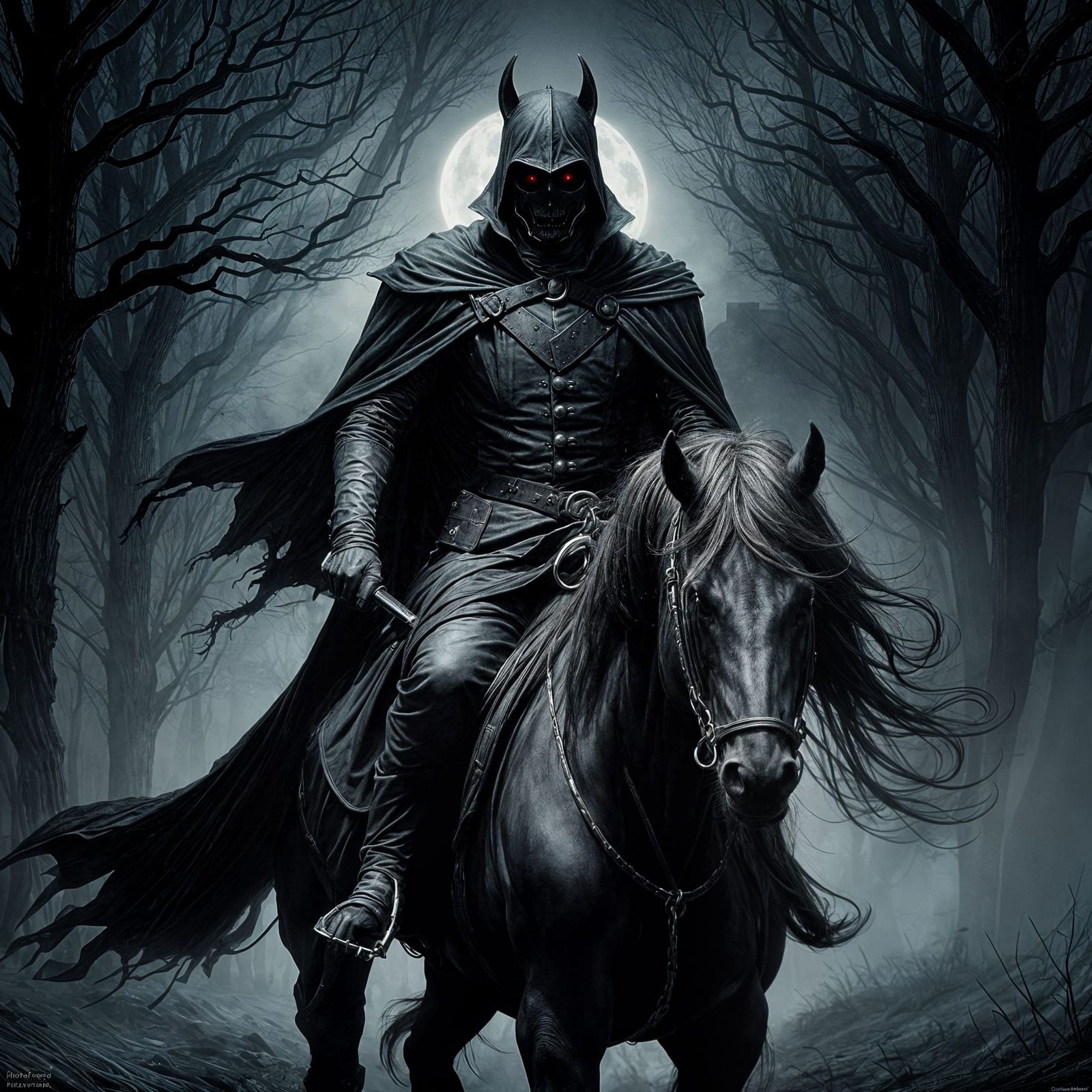 Ominous Headless Horseman in Dark Line Art