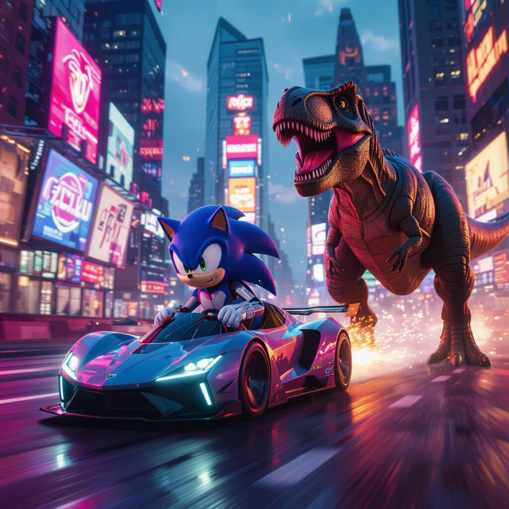 Sonic Races T-Rex Through Neon Times Square