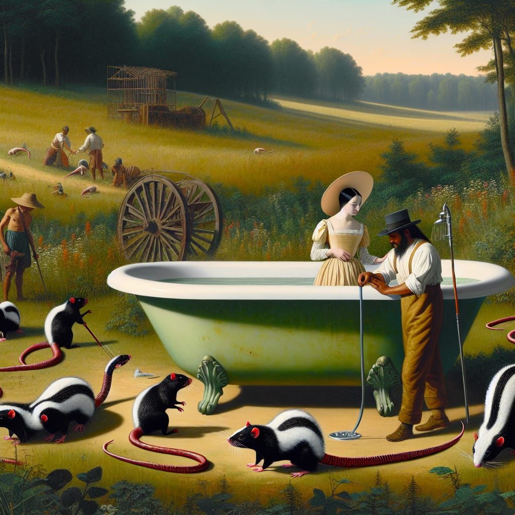 Surreal Meadow Scene with Fishermen and Lizard