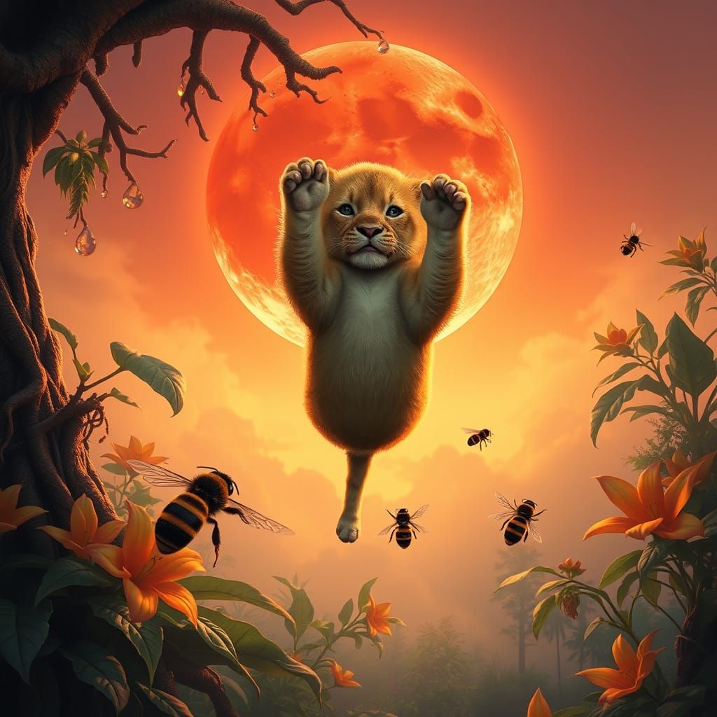 Lion Cub's Surreal Dream: Moonlit Sky in Surrealism Style
