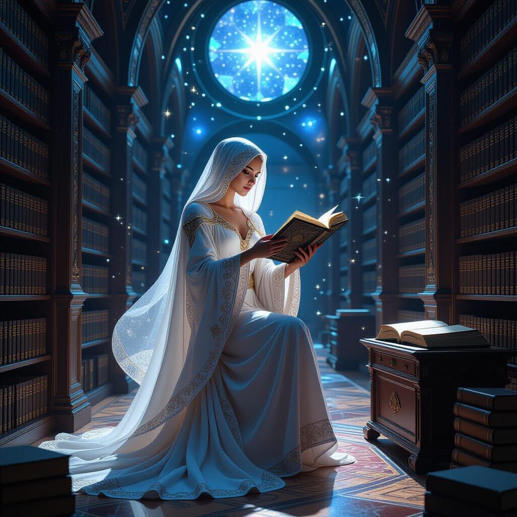 Celestial Librarian Cataloging Nebulae Scrolls in Art Nouvea...