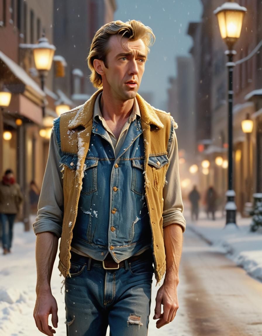 Cinematic Snowy Street Scene with Muscular Man