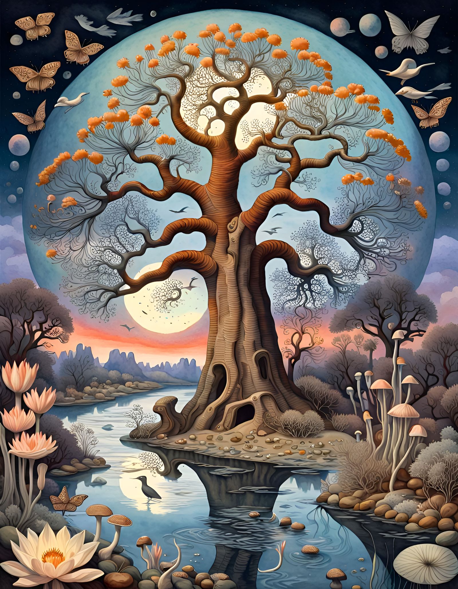 Cosmic Tree of Life: Surreal Watercolor Landscape