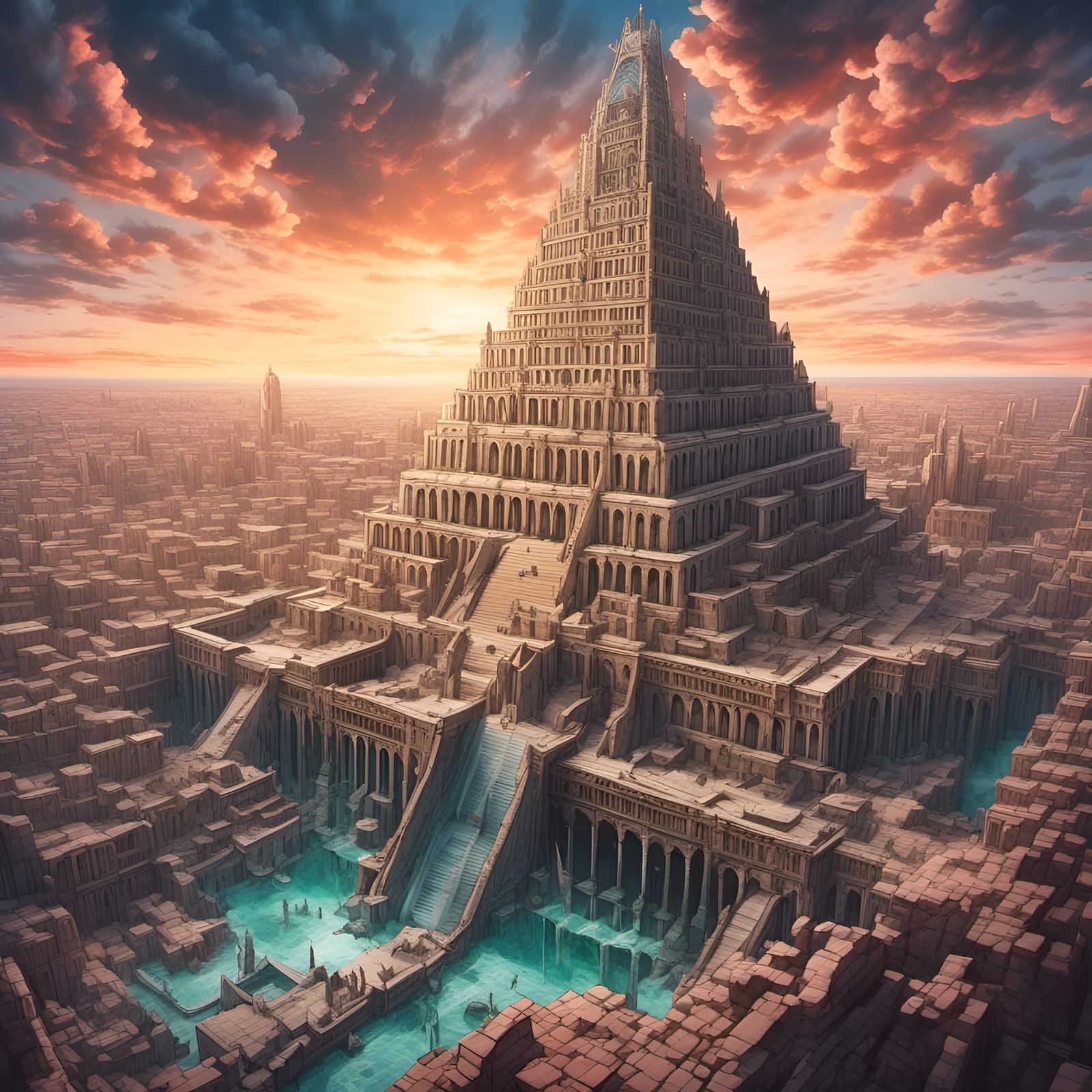 Epic Anime Tower of Babylon in Watercolor