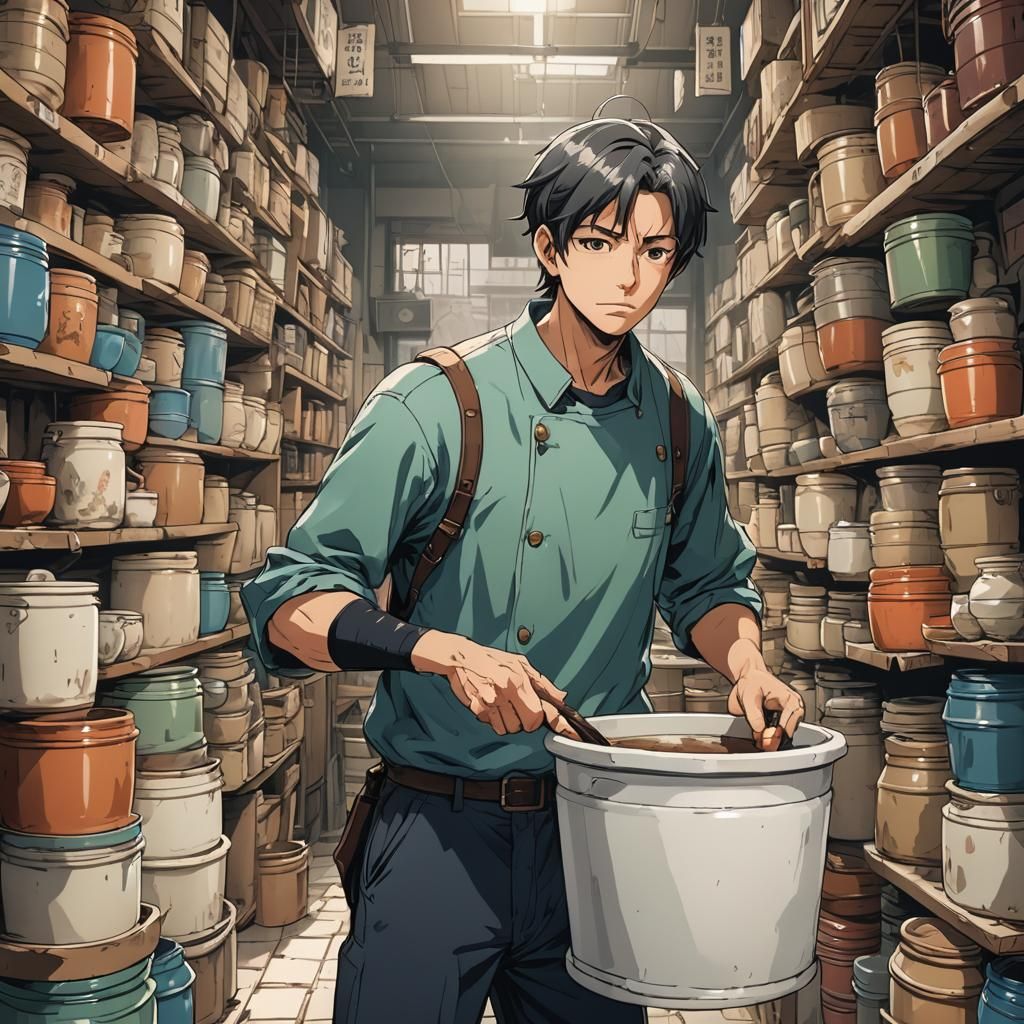Potter Carrying Crock in Cel-Shaded Anime Style