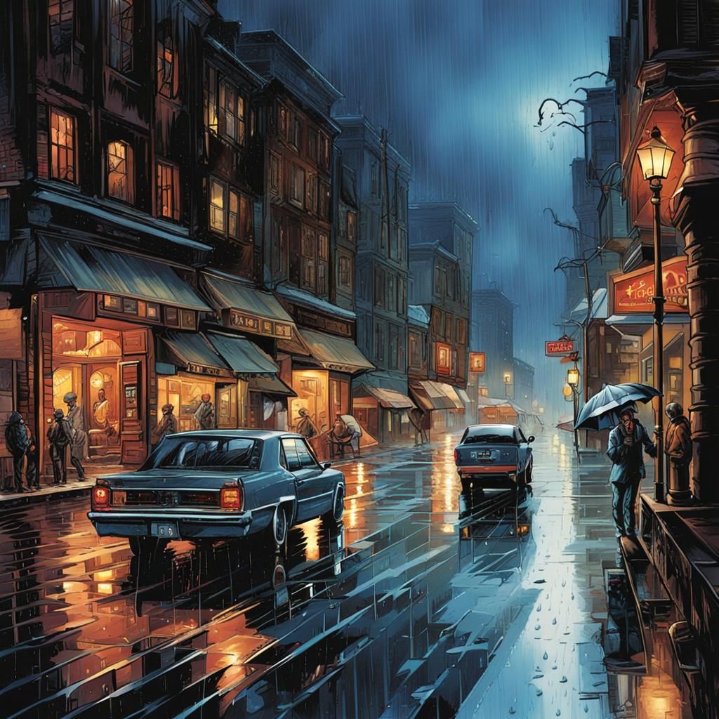 Rainy City Street in Comic Book Style