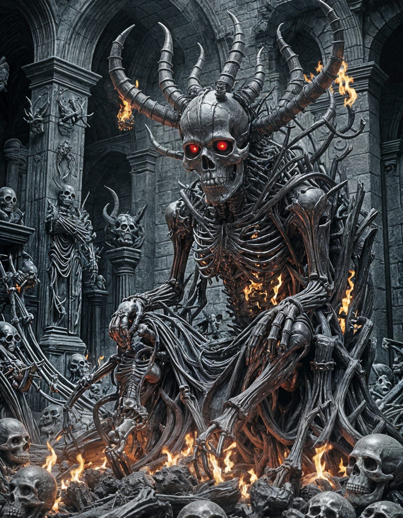 Skeletal Demon Enthroned in Fiery Abyss