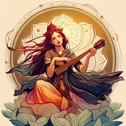 Radiant Saraswati Digital Painting with Golden Outlines