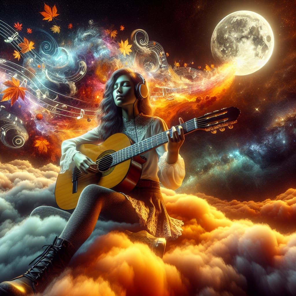 Hispanic Guitarist on Cloud Amidst Autumn Leaves