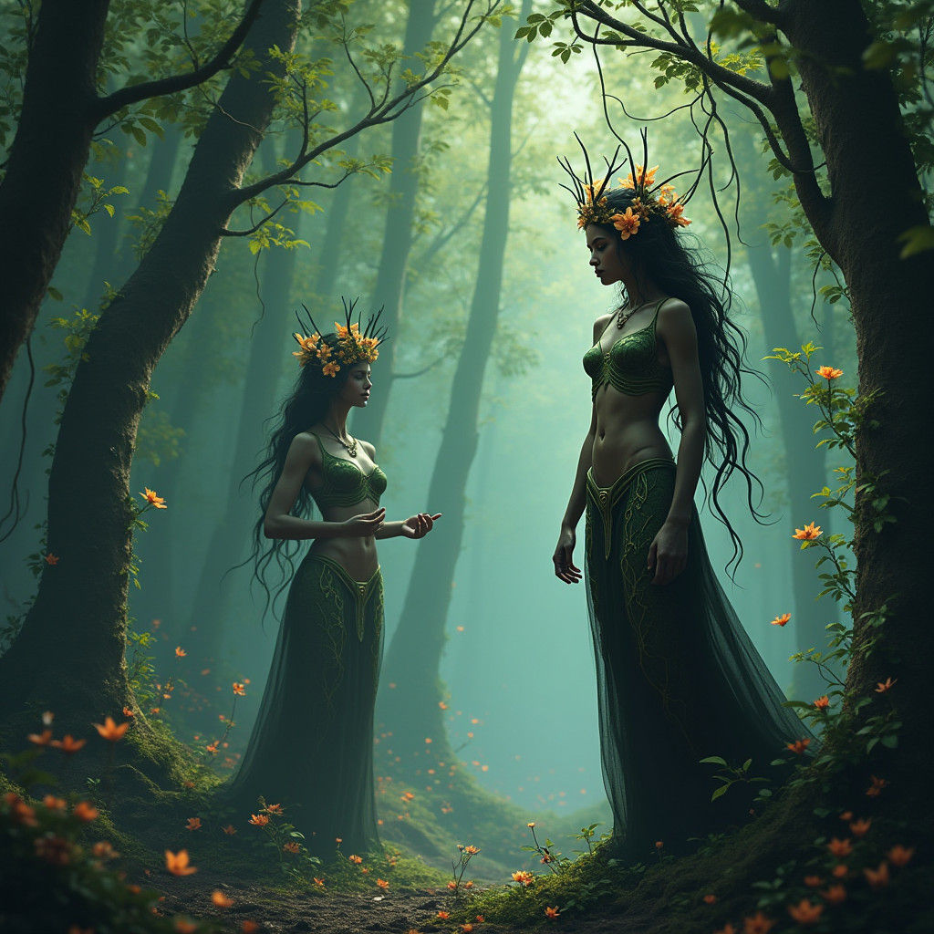 Nightblossom Dryads: Detailed Fantasy Concept Art