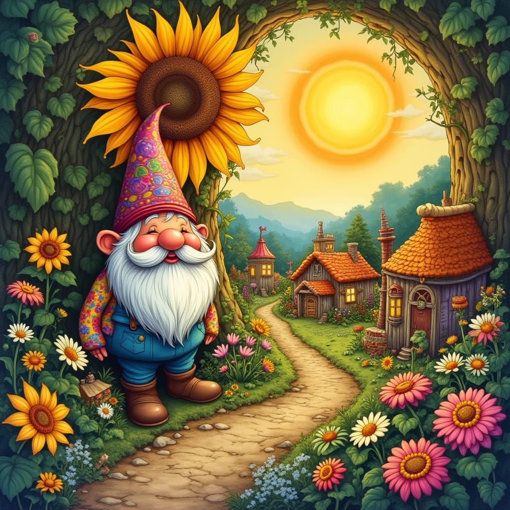 Whimsical Gnome Village in Giant Sunflower