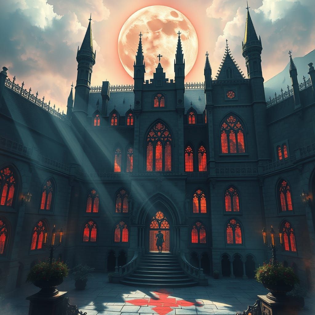 Gothic Castle Bathed in Blood Moon Light