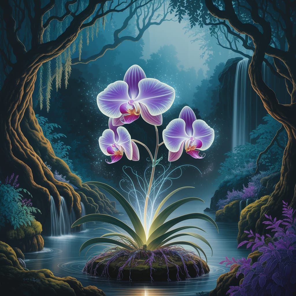 Bioluminescent Orchid in Art Nouveau Style