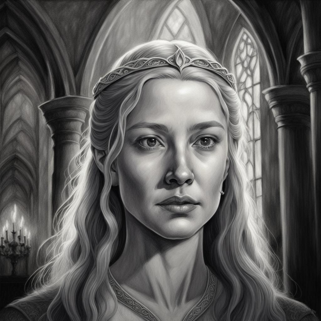 black and white  Pencil drawing of Lady Galadriel  from lord...