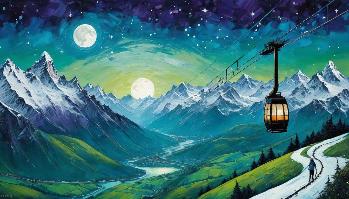 Whimsical Sky Gondola Over Snowy Alps