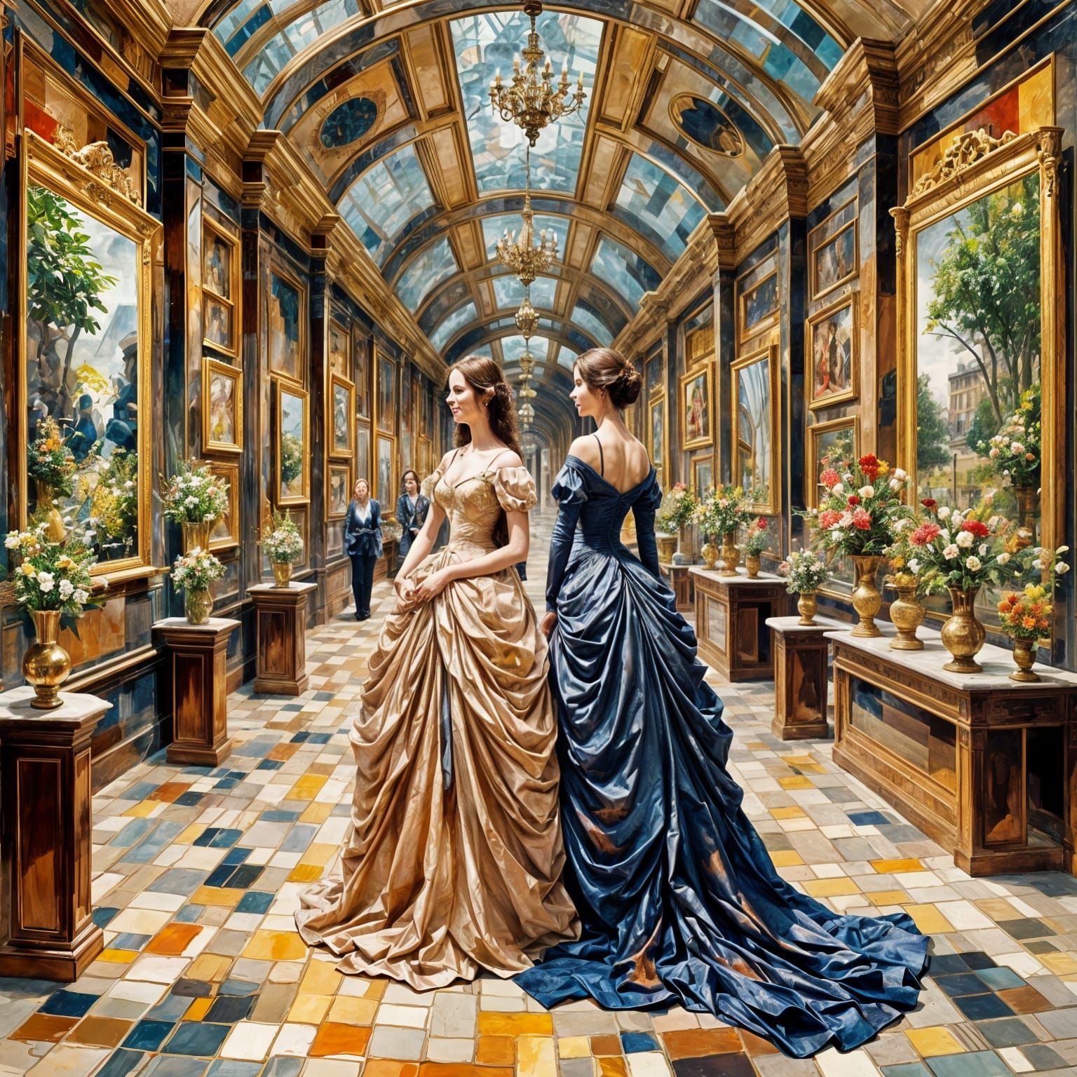 Two Women Smiling Together in a Dreamlike Setting