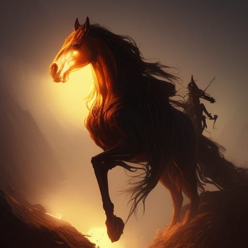 Fiery Horse Under Moon, Dark Fantasy Concept Art