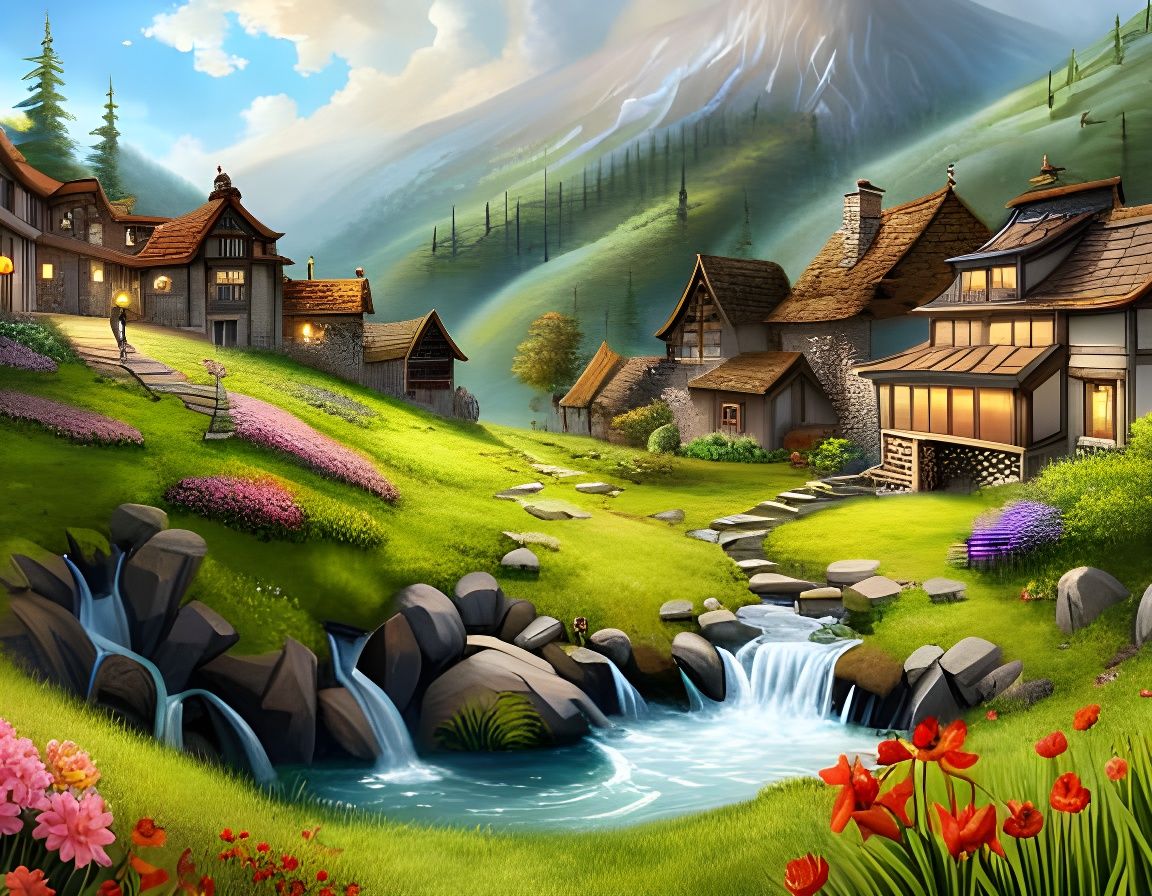 Picturesque High-Altitude Village in Solarpunk Style