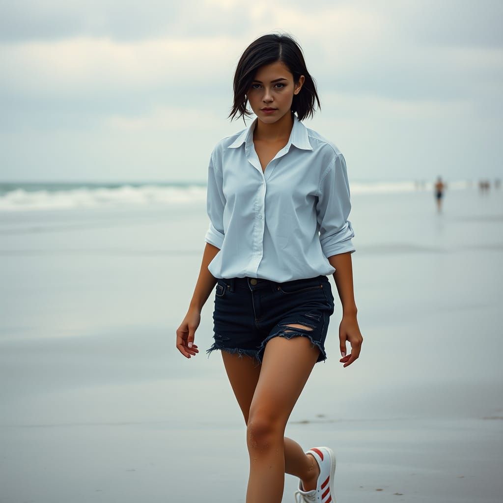 Woman Walks on Overcast Beach in Cinematic Style