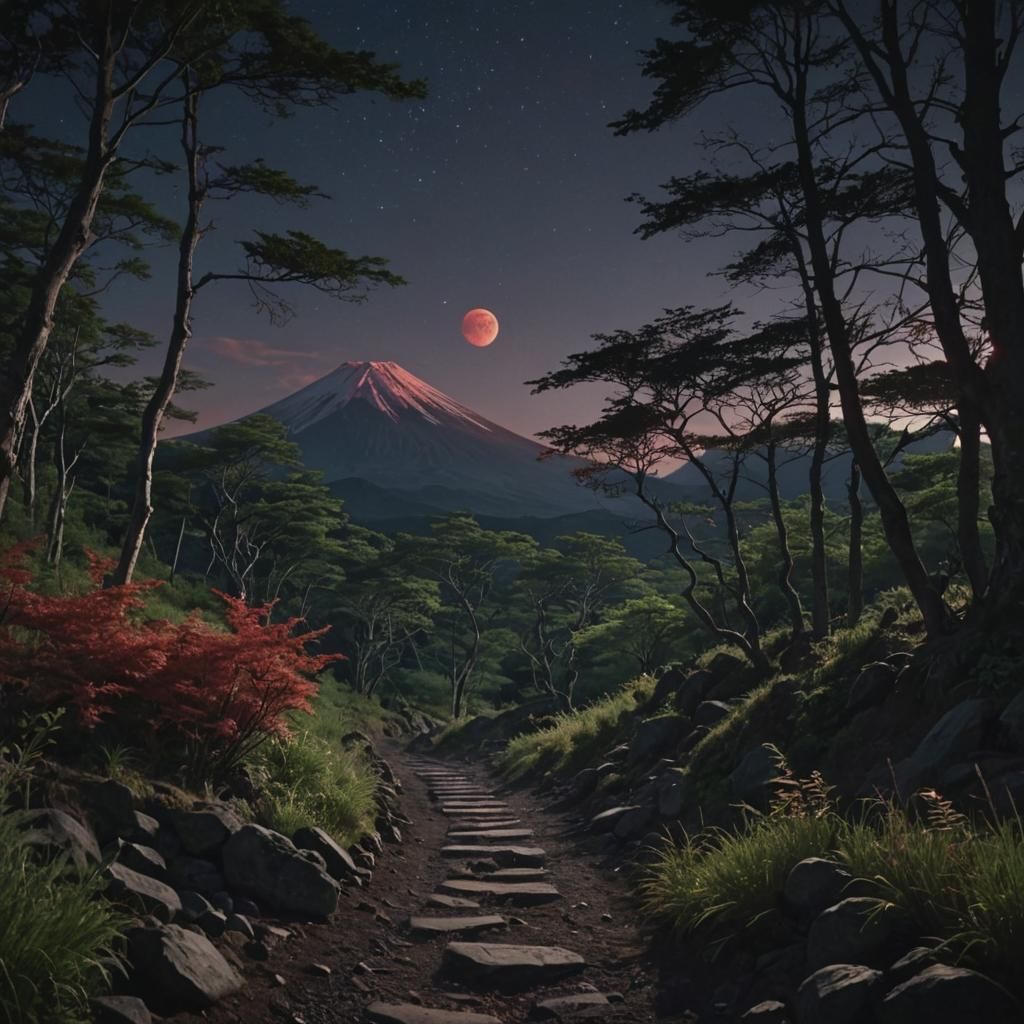 Hyperrealistic Mt. Fuji at Night Under Red Moonlight