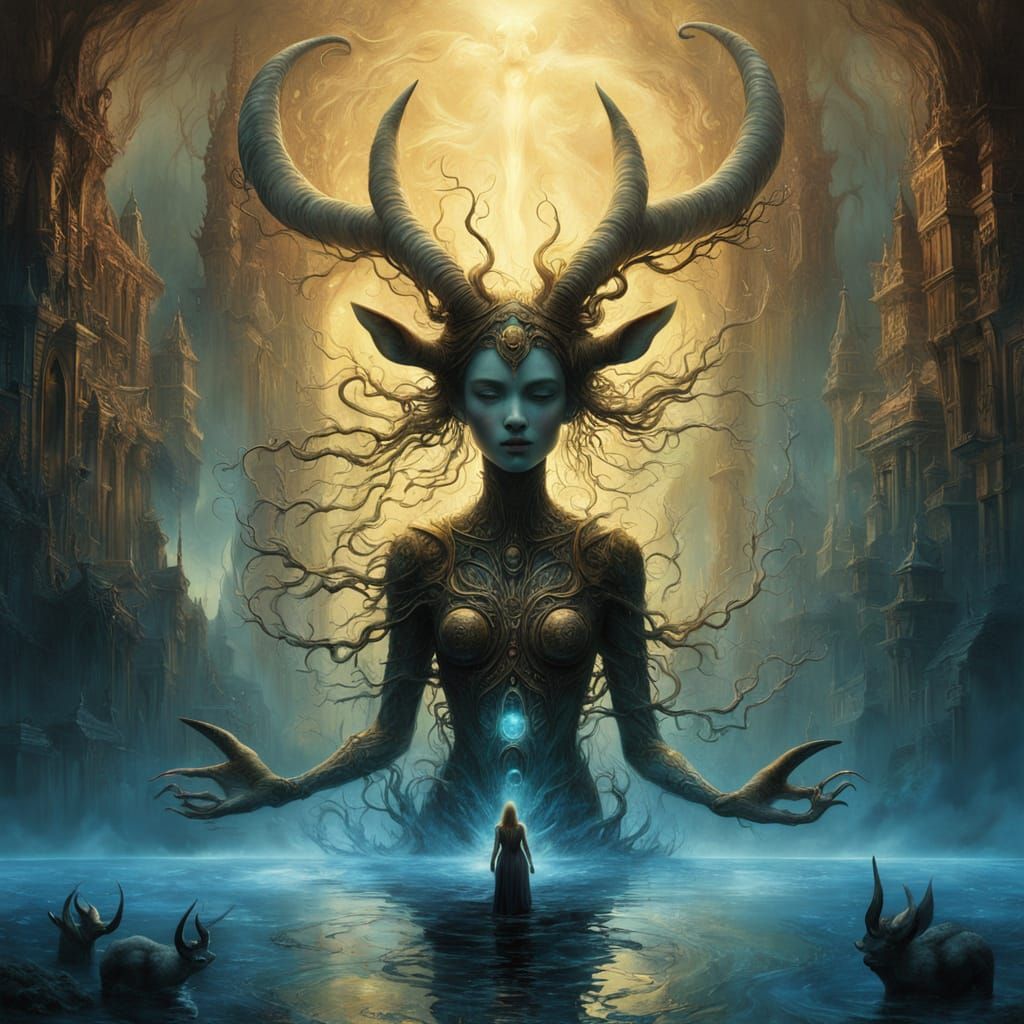 Mythical Woman with Horns in Fantasy Realism