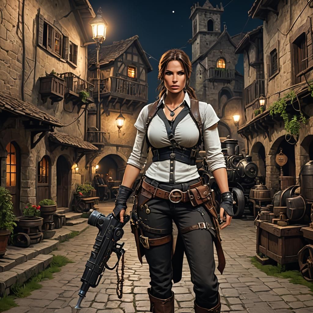 Lara Croft in Steampunk Italian Village at Night