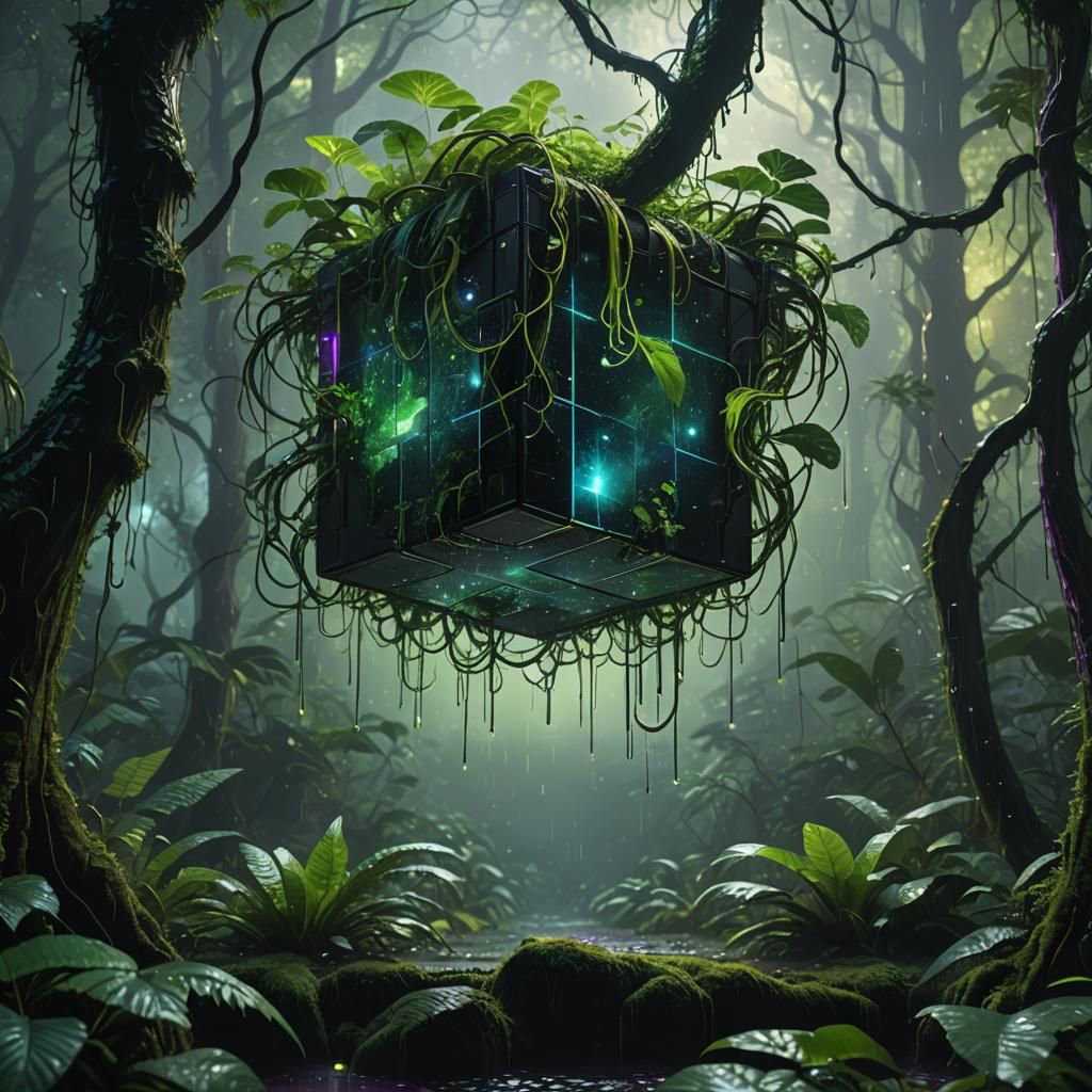 Reflective Cube in Mystical Sci-Fi Rainforest