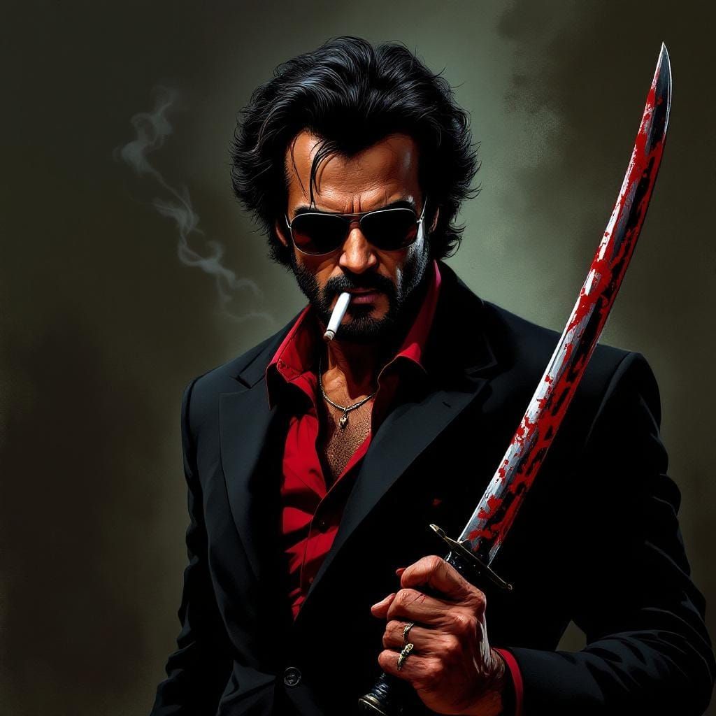 Rajinikanth in Black Suit with Katana, Noir Aesthetic