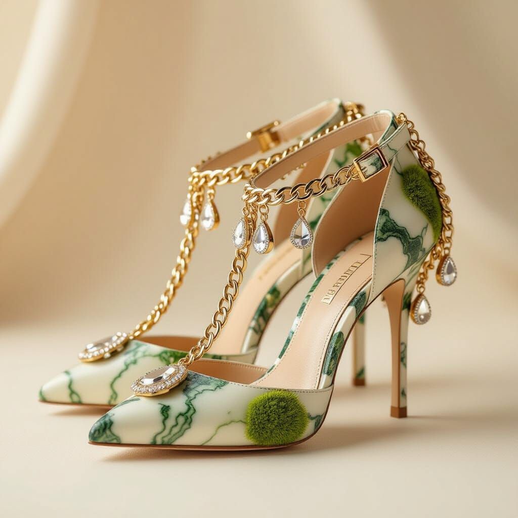 Marble Moss High Heels with Golden Chains