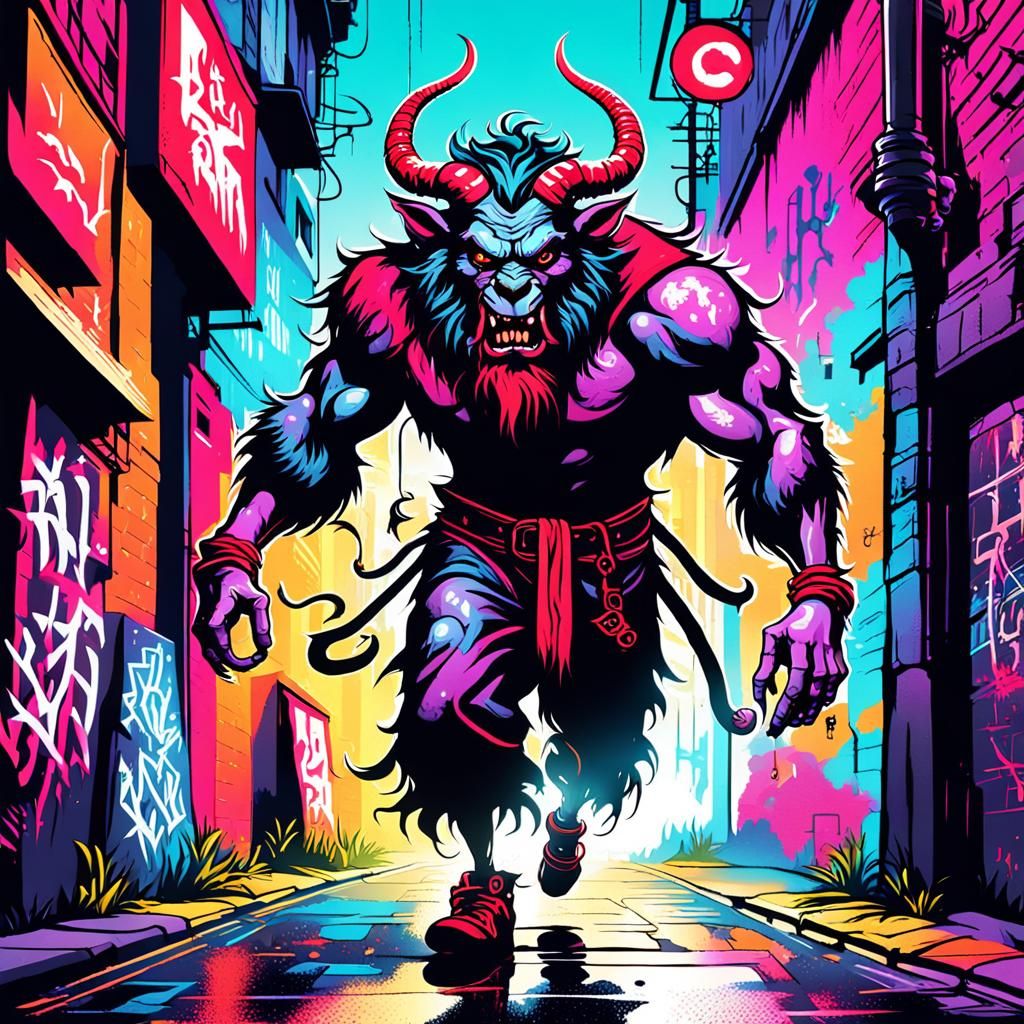 Surreal Krampus Urban Fantasy in Neon Colors